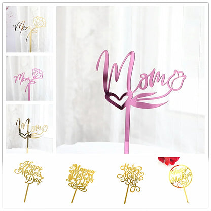 Happy Mothers Day Cake Topper Gold Red Tulip Acrylic MOM Birthday Party Cake Toppers Dessert Decoration Mother's Day Gifts