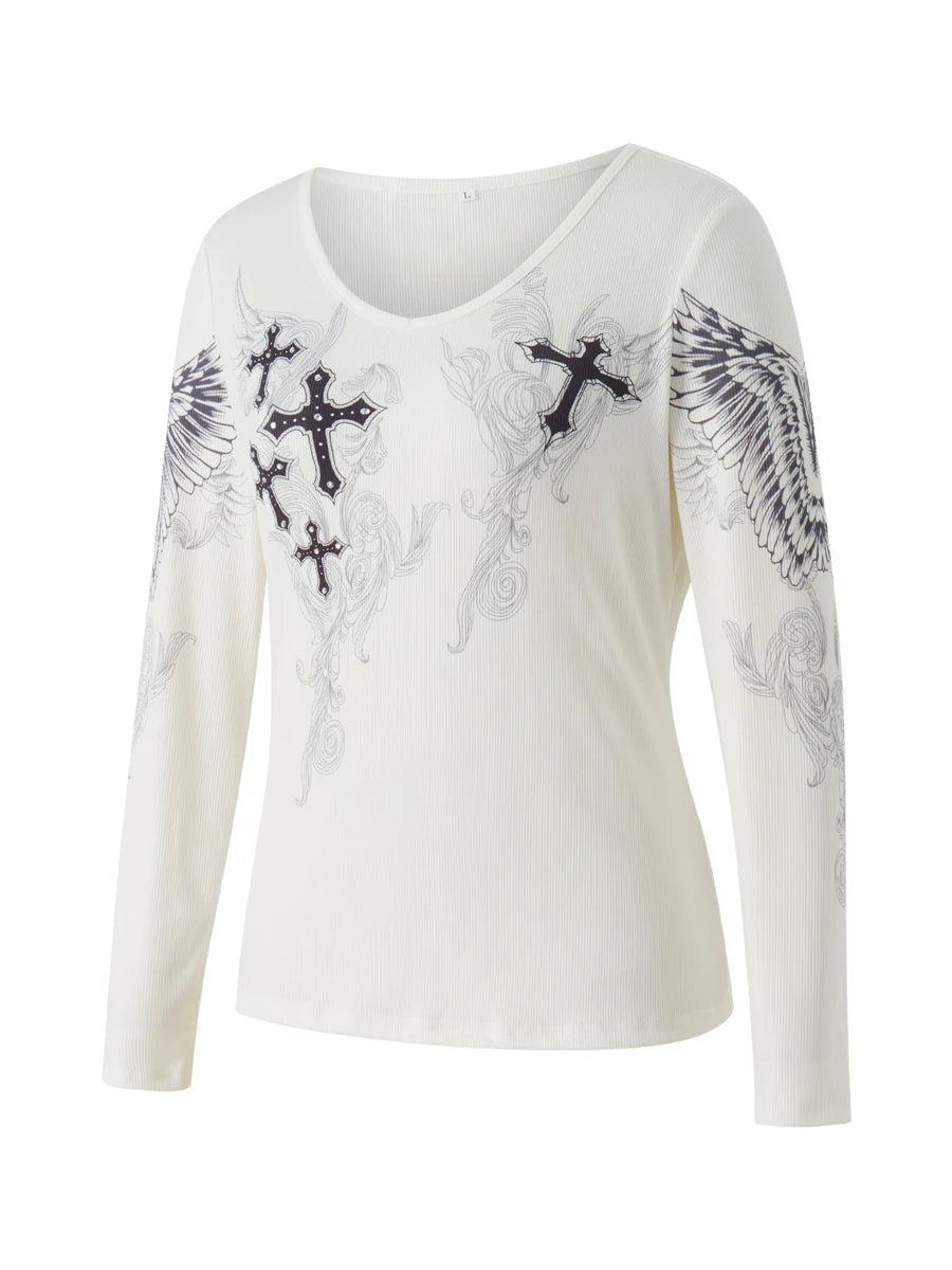Graphic Long‑Sleeve Tee – Women’s Grunge Fairy Punk Harajuku 2000s Streetwear Top
