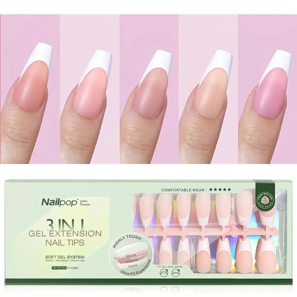 150PCS Short Coffin Press on Nails 3 in 1 Coat Soft Gel Nail Tips French Tip 15 Sizes