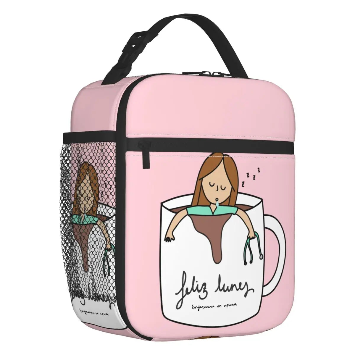 Custom cartoon-printed lunch bag featuring ladies, nurses, and doctors. Thermal insulated, reusable, and multifunctional, perfect for kids' food bento boxes.