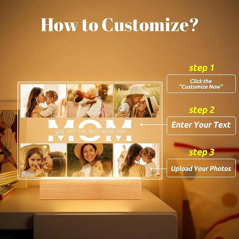 Personalized Mothers Day Gifts for Mom/Dad/Baby/Family Birthday Custom LOVE Picture Frame With Photos Night Light Acrylic Plaque