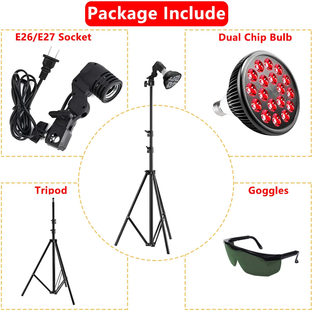 E27 LED Red 54W Light Therapy Lamp 660nm & 850nm Infrared Bulb with Floor Stand for Skin Care Pain Relief 360° Adjustable