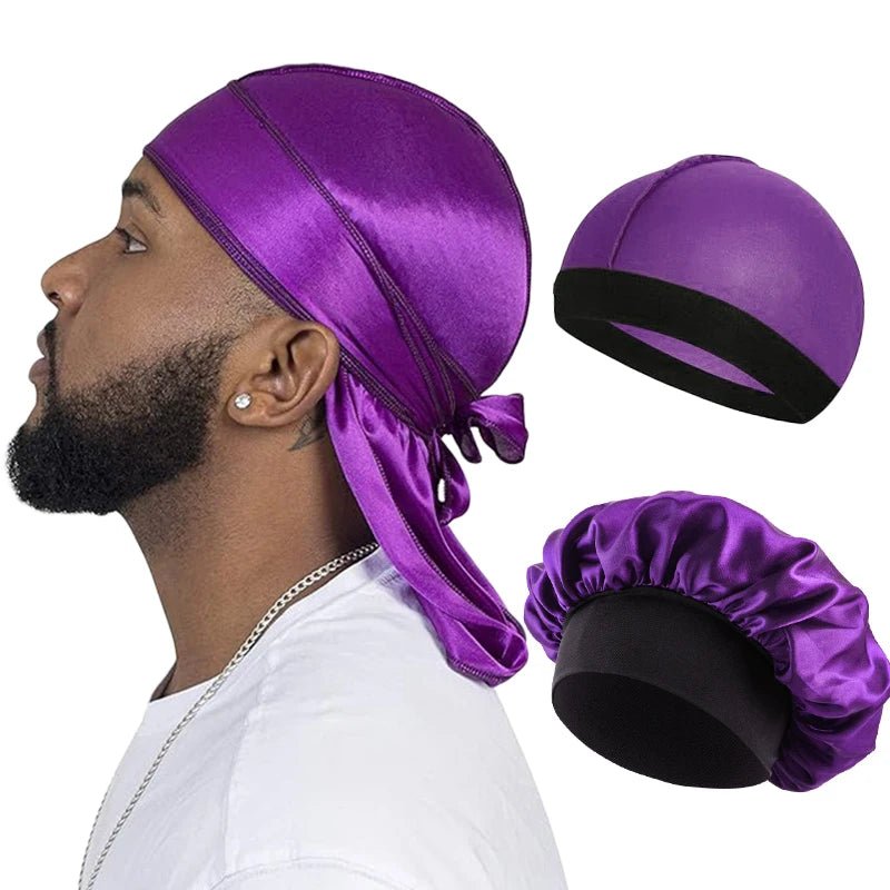 Set of 3 Men’s Silky Durags: Long Tail Pirate Hat, Headband Turban, Dome Wave Cap, Unisex Wig Cap with Elastic Band, Satin Bonnet