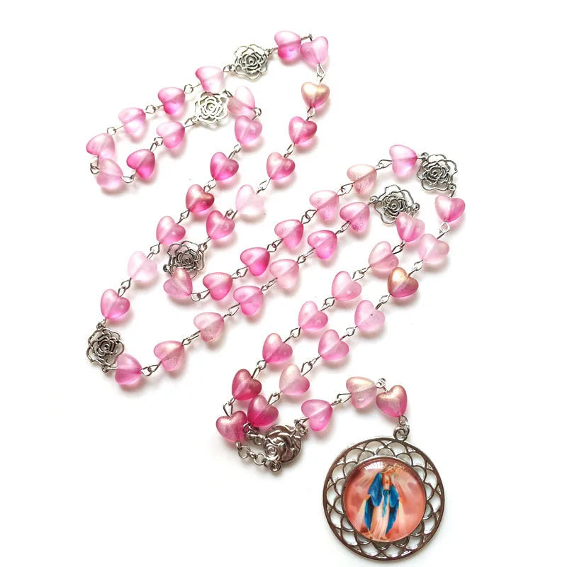QIGO Acrylic Heart Rosary Long Glass Sacred of Mary Pendant Necklace For Women Religious Jewelry
