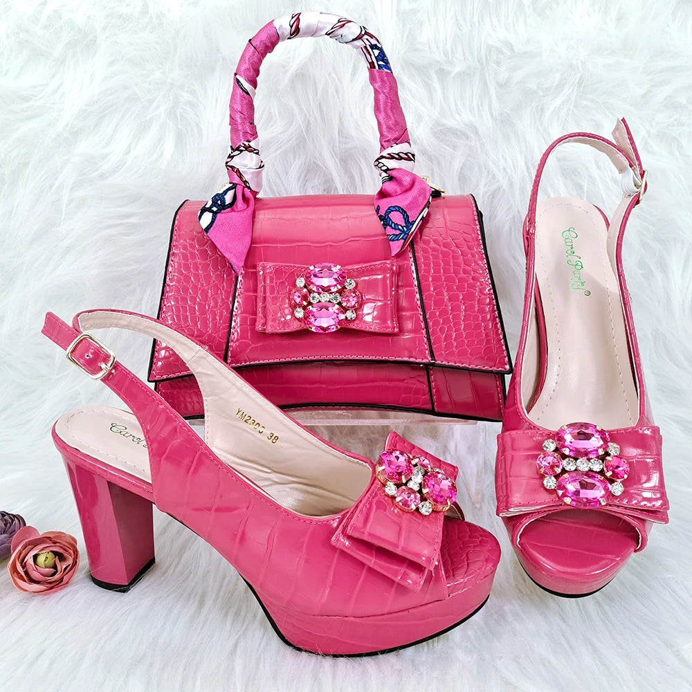 Doershow beautiful Italian shoe and bag set, featuring new shoes and matching bags from Italy in a stunning pink color, model HFG1-23.