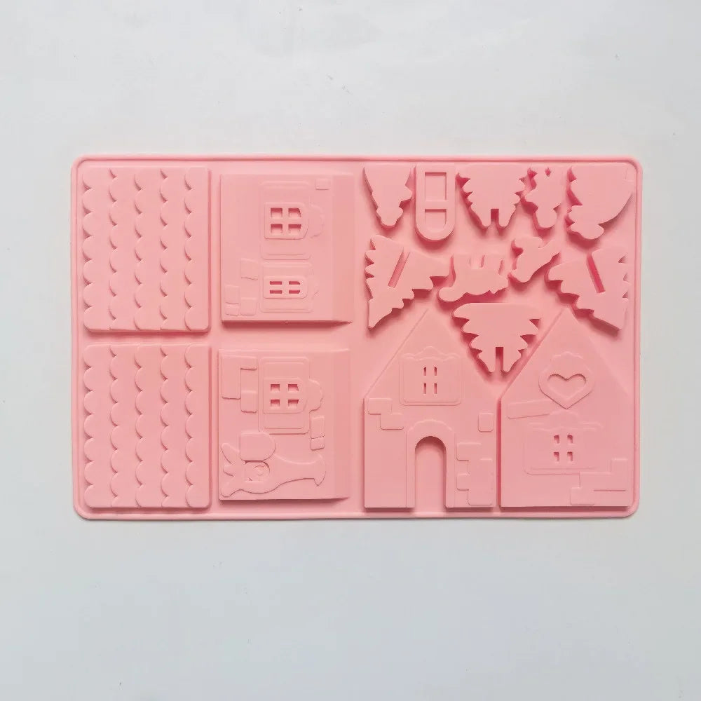 1PC Christmas House Building block Chocolate Silicone Mold Cake Decoration DIY Gingerbread House Shape Biscuits Stencil Baking