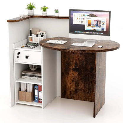 Reception Desk, Small Retail Checkout Counter with Lockable Drawer and Open Shelves, Wooden Computer Workstation, Customized