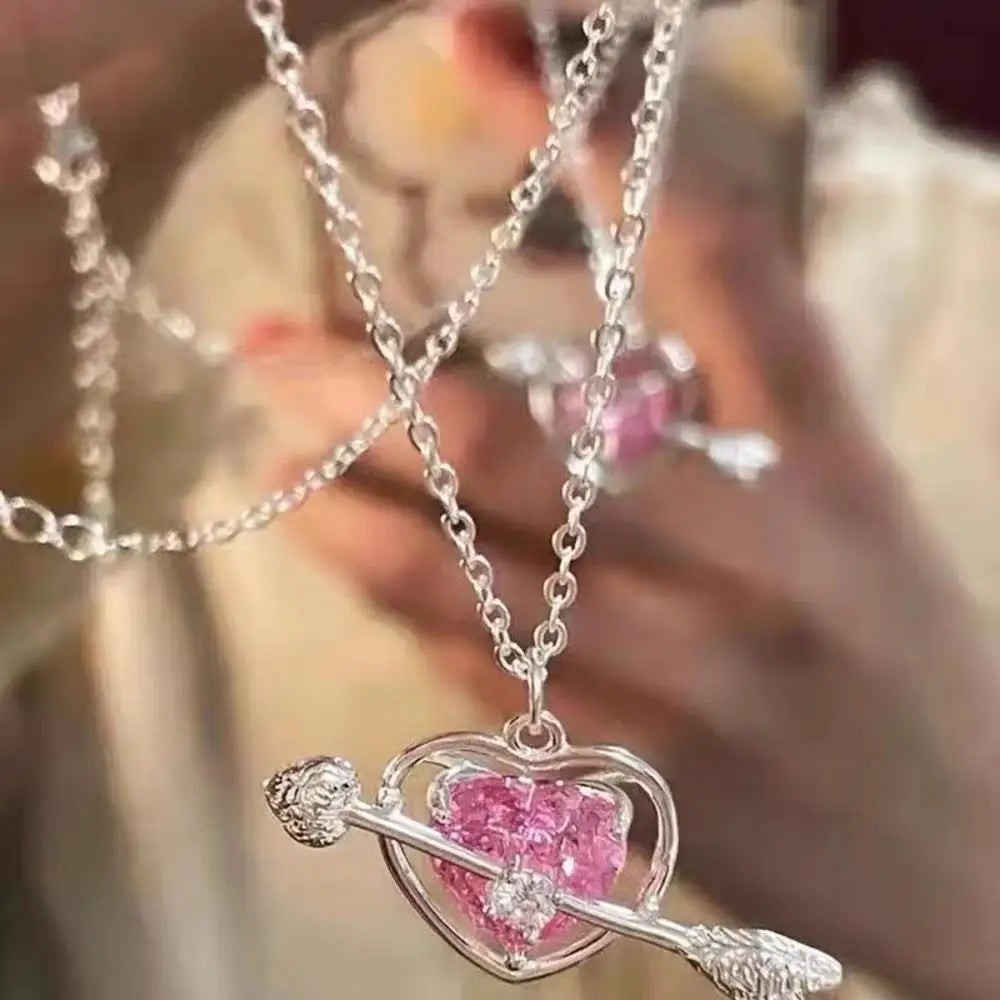 Stylish Pink Heart Necklace Gemstone Pendant Diamonds One Arrow Through Forever Love  Designs