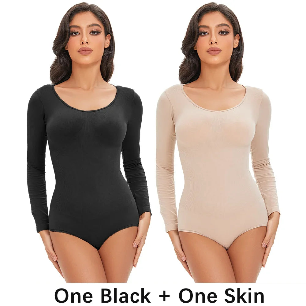 Womens Spandex Elastic Body Suit   Tummy Control Long Sleeve Shapewear Open Crotch