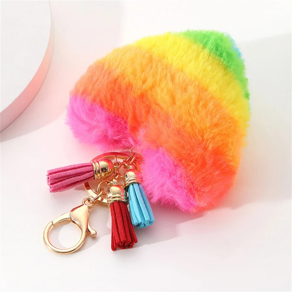 Rainbow Heart Pompom Keychain – Colorful Plush Ball Tassel Bag Charm for Women