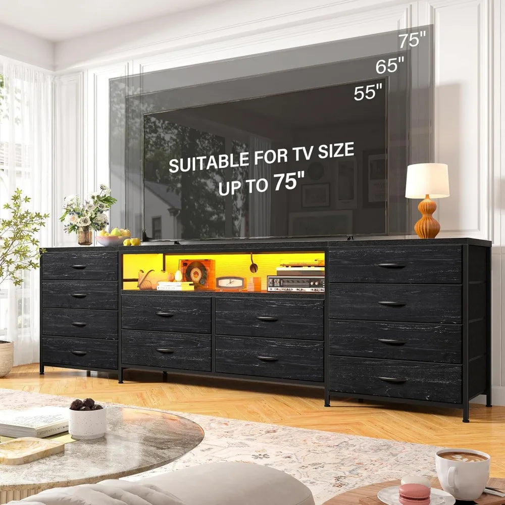 65 70 75 Inch TV 63"W Dresser TV Stand for Bedroom with LED Lights & Power Outlets & 12 Drawers Black Dresser, TV Stands