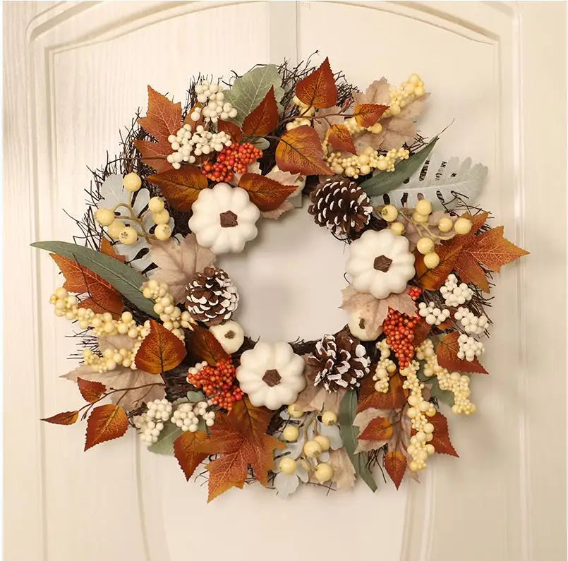 45/50cm Artificial Wreath Foam Pumpkin Fake Pine Cones Maple Leaves Wreath for Autumn garland Thanksgiving Wreath Decorations