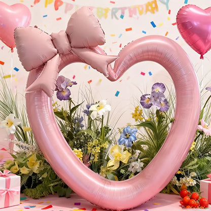 Pink Hollow Heart & Bow Foil Balloons for Birthday, Valentine’s Day & Shower Décor
