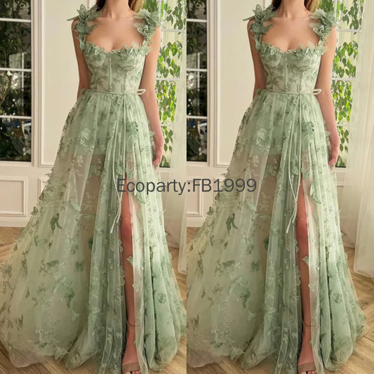 New Women Corset Long Tulle Prom Dress with Lace 3D Butterfly Sexy Slit Ball Gown Evening Dresses Wedding Formal Party Vestidos