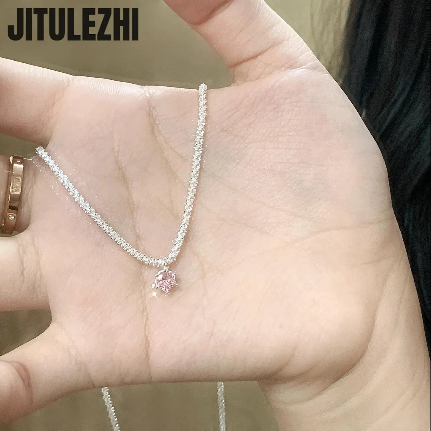 Trendy 925 Sterling Silver Pendant Necklace For Women Single Pendant Inlaid Pink Stone Engagement Wedding Party Silver Jewelry