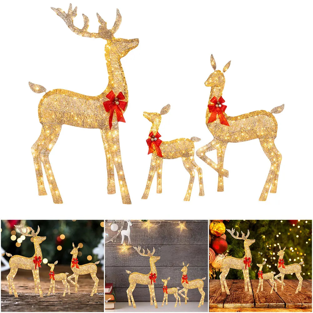 3 Pcs Christmas Deer Family Decor with Light Lighted Reindeer Xmas Decoration  Cute Xmas Deer Decoration for Holiday