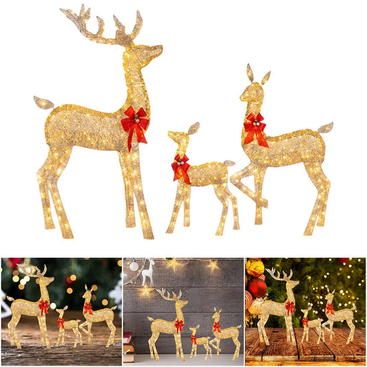 3 Pcs Christmas Deer Family Decor with Light Lighted Reindeer Xmas Decoration  Cute Xmas Deer Decoration for Holiday