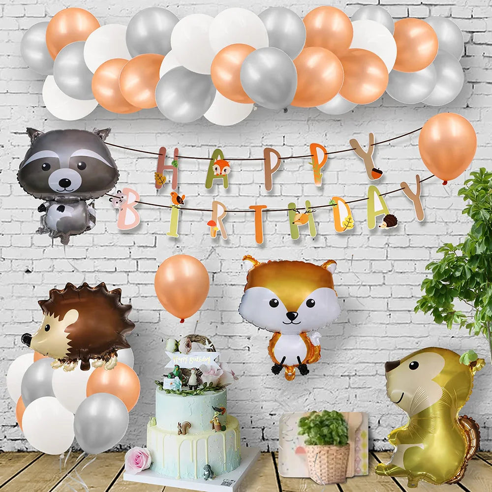 Woodland Animals Foil Balloon Set – Fox, Hedgehog, Raccoon, Deer & Bear Forest Theme Party Decor