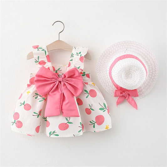 2Pcs/Set girls dress with bow and hat