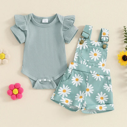 0-18months baby Girls summer Shorts  Set Short Sleeve Romper Flower Print Suspender Shorts Summer Outfit for  Toddler girls