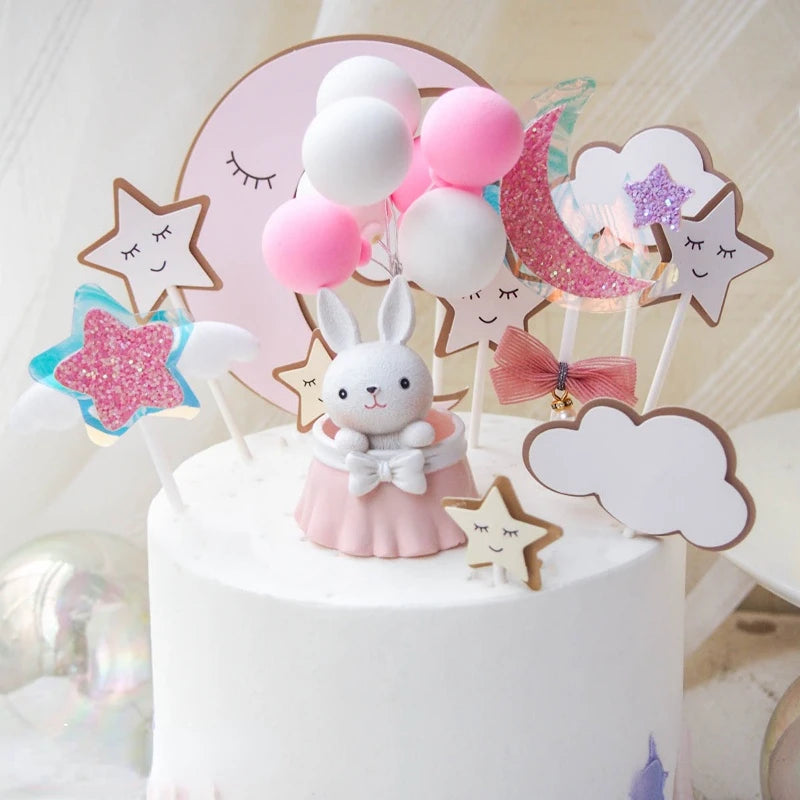Cute Rabbit Balloon Ornaments Star Happy Birthday Cake Topper Easter Birthday Party Cake Baking Kids