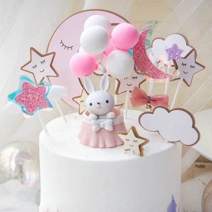 Cute Rabbit Balloon Ornaments Star Happy Birthday Cake Topper Easter Birthday Party Cake Baking Kids