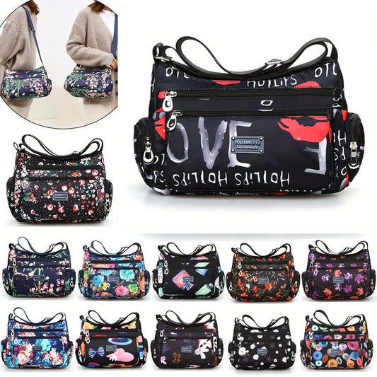 Floral Print Crossbody Bag, Trendy Nylon Shoulder Bag, Women's Multi Layer Messenger Bag For Travel