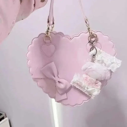 PU Heart Lolita Shoulder Bag – Bowknot Decor Japanese Shell Purse in Two Sizes, Cute Pink Messenger Bag