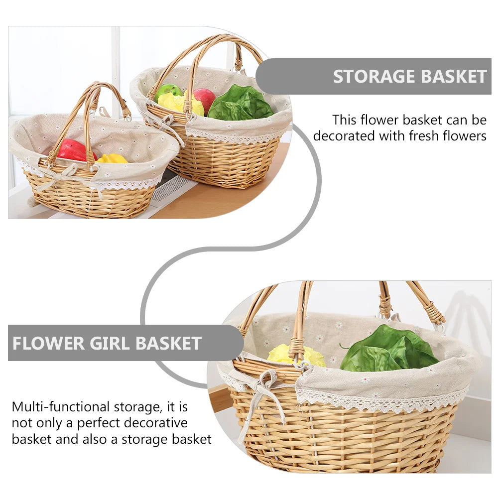 Woven Rattan White Woven Basket: Flower Basket Gift Basket with Handle and Cloth Liner Fruits Vegetables Bread Sundries Storage