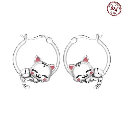 925 Sterling Silver Hoop Earrings Simple Sleeping Cat Earrings For Engagement Wedding Party Birthday Jewelry Gift