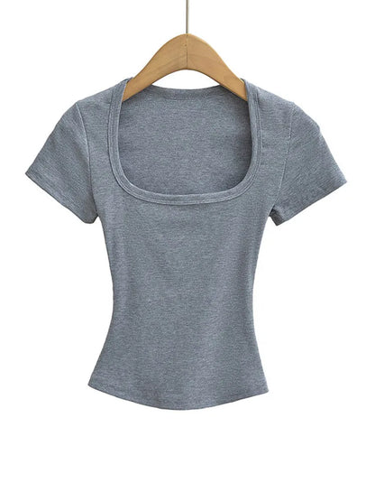 Square Collar High Stretch Summer Crop Tops Women Short Sleeve Tops Sexy Pullover Bottoming Blouses Slim T-shirt