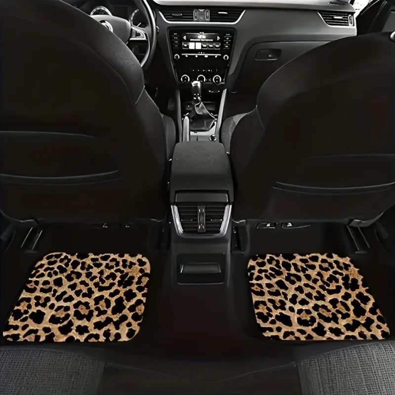 Leopard Print Car Floor Mats: Universal Fit, 4-Piece Set, Absorbent Polyester Fiber, Non-Slip, Washable, Suitable for Cars & SUVs