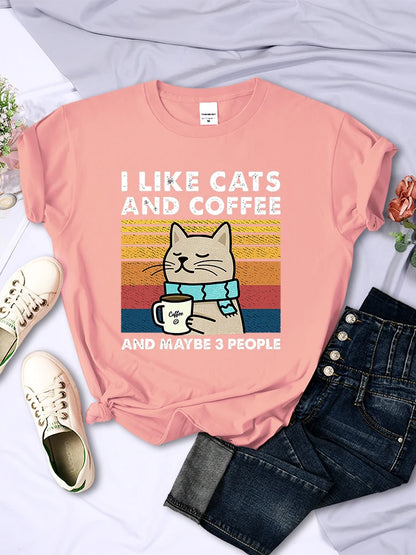 Women's I Like Cats And Coffee Printed T Shirt   Casual Short Sleeve Breathable
