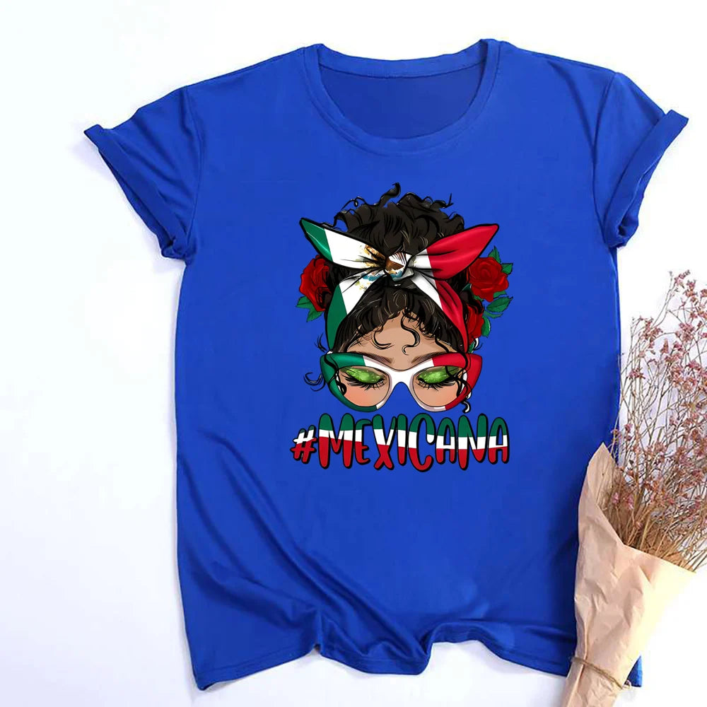 Mexicana Printed Women Top Women's Mexican Flag Pattern Casual T-shirt Summer Round Neck Short Sleeve Shirts Outfits