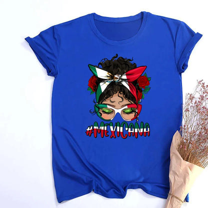 Mexicana Printed Women Top Women's Mexican Flag Pattern Casual T-shirt Summer Round Neck Short Sleeve Shirts Outfits