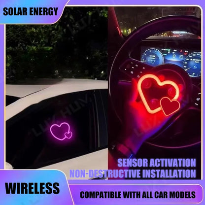 Solar Heart‑Shaped Car Neon Light – Wireless LED Ambient Lamp with Suction Cup & USB Recharge