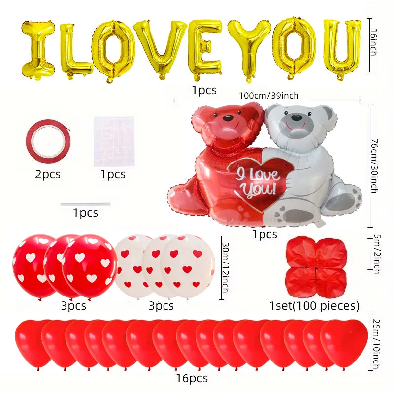 Valentine’s Day Foil Balloon Set – “I Love You” Letters, Hearts & Bear Romantic Party Decor