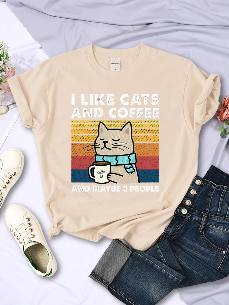 Women's I Like Cats And Coffee Printed T Shirt   Casual Short Sleeve Breathable