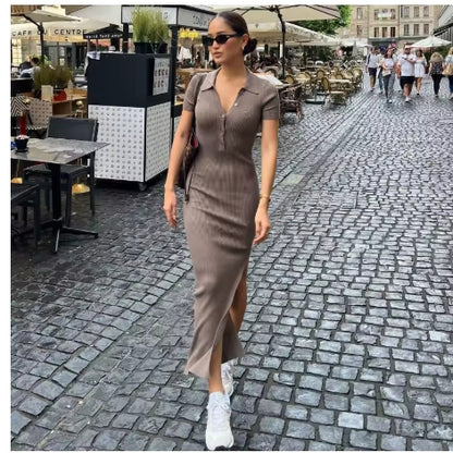 Women Fashion Elegant Casual Knit Slim Long Dress Ladies Solid Color Lapel Button-Up Short Sleeve Casual Dress