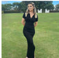Women Fashion Elegant Casual Knit Slim Long Dress Ladies Solid Color Lapel Button-Up Short Sleeve Casual Dress