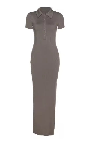 Women Fashion Elegant Casual Knit Slim Long Dress Ladies Solid Color Lapel Button-Up Short Sleeve Casual Dress