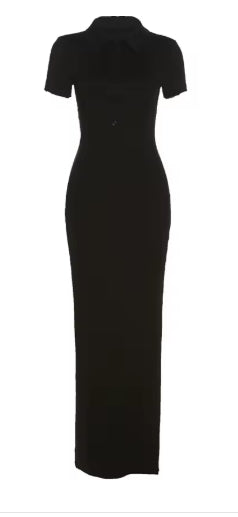 Women Fashion Elegant Casual Knit Slim Long Dress Ladies Solid Color Lapel Button-Up Short Sleeve Casual Dress