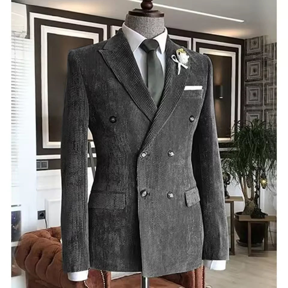 Men’s Slim‑Fit Corduroy Double‑Breasted Suit Set