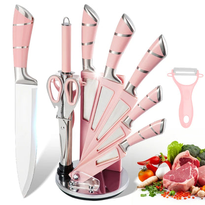 9‑Piece Stainless Steel Kitchen Knife Set – Sharp Non‑Stick Coated Chef Knives with Sharpener