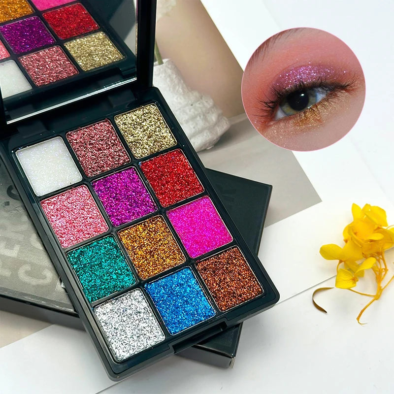 12-Color Glitter Eyeshadow Palette- Highly Pigmented,Long-Lasting Diamond Metal and Matte Shades for a Dazzling Eye Makeup Look