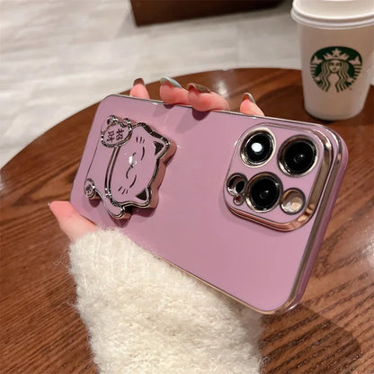 Lucky Cat Folding Stand Silicone Phone Case for iPhone 16 15 14 Pro Max 13 12  Plus XR  Max 11 Luxury Plating Case