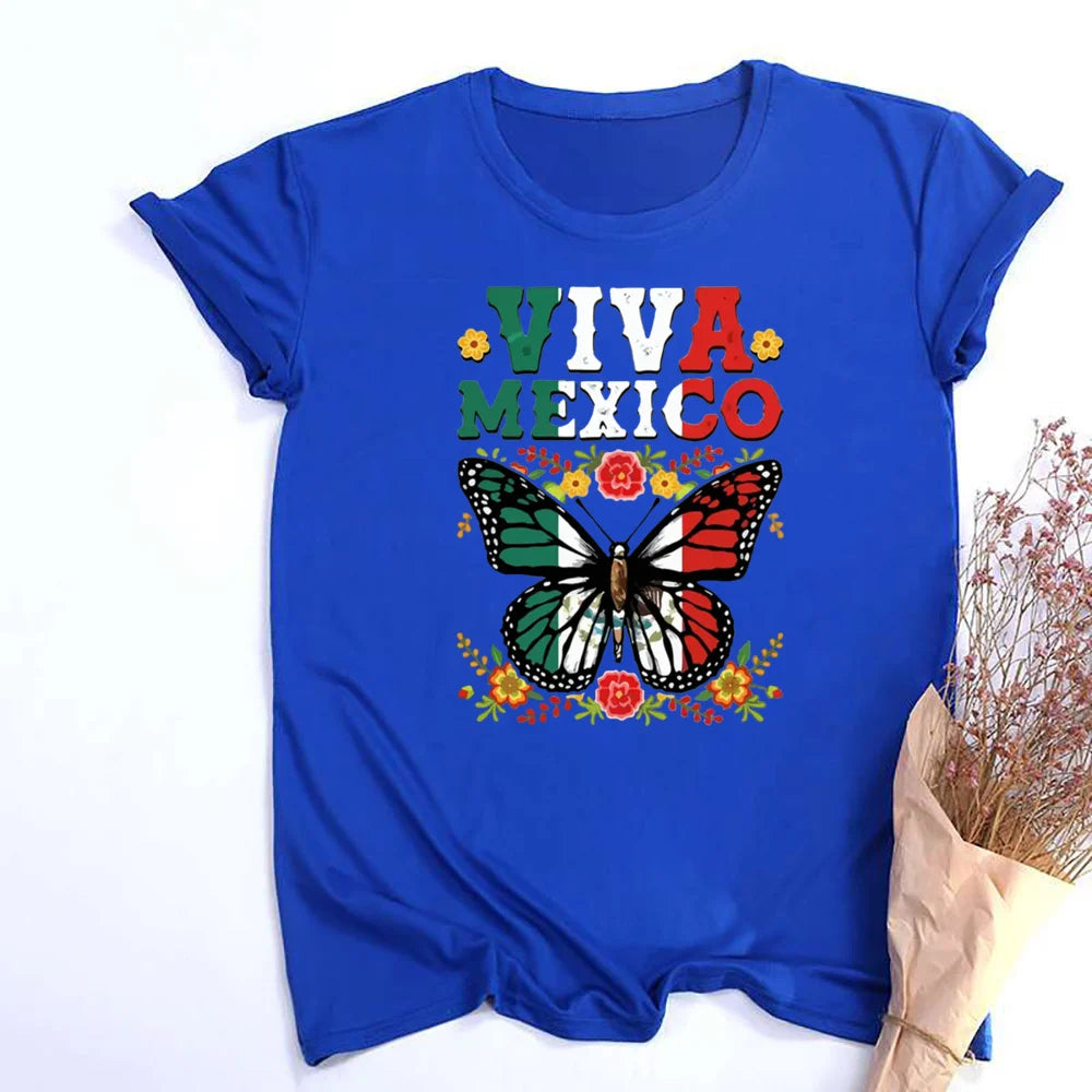 Viva Mexico Butterfly Flower Printed Girl T Shirt Women Summer Retro Tshirt Tee Graphic Tops Fashion Female Short Sleeve T-shirt