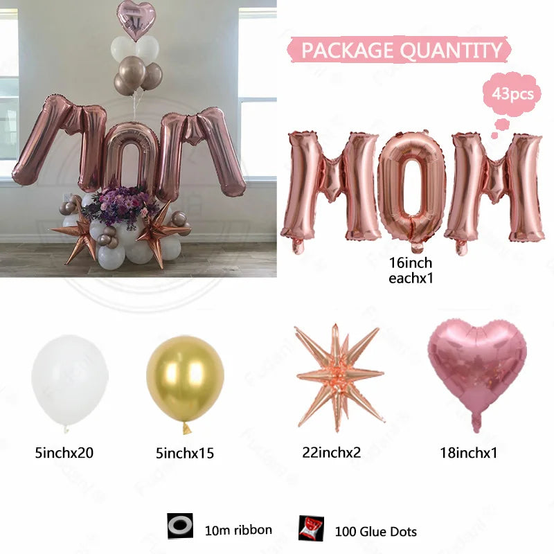 1set Mother's Day Decorations Balloon I Love You Mom Sliver Rose Gold Letter Aluminum Film Balloon Mothers Gifts Supplies Globos