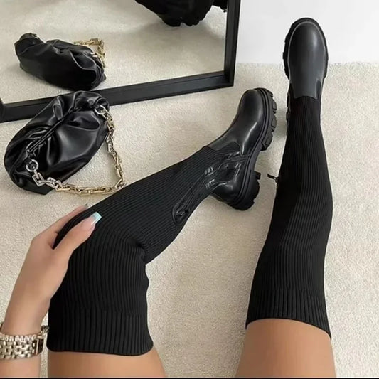 Women's Thick Sole Boots with Breathable Knitted Sock Design, Thigh-High Stretch, Round Toe Style, Available in Plus Size 43.
