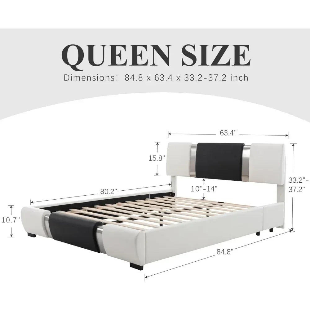 Queen Size Bed Frame, with Faux Leather Upholstered Headboard and Wood Slat Support, Heavy Duty Mattress Base，White & Black